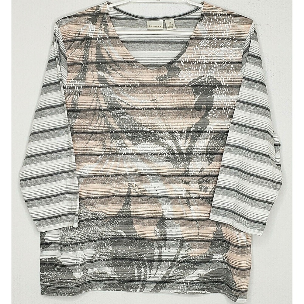 Chico's Zenergy Top Sz 3 Peach Gray Metallic Stripe V-Neck 3/4 Sleeve Blouse